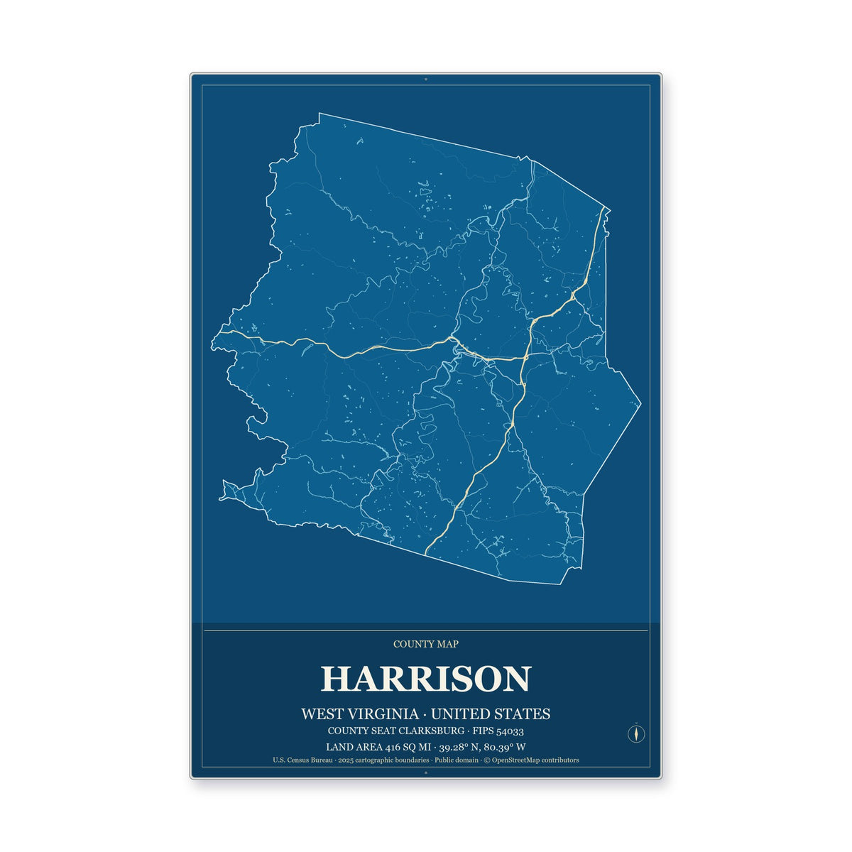 Harrison County, West Virginia Map Aluminum Sign in Harbor Cobalt style