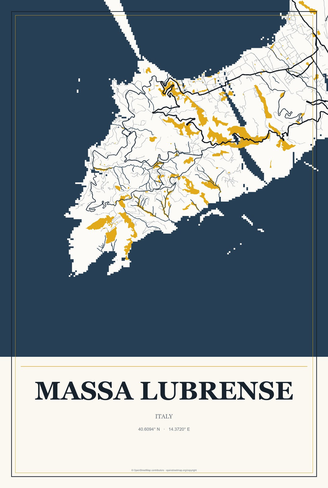 Massa Lubrense, Italy City Map Aluminum Sign in Citrine Modern style