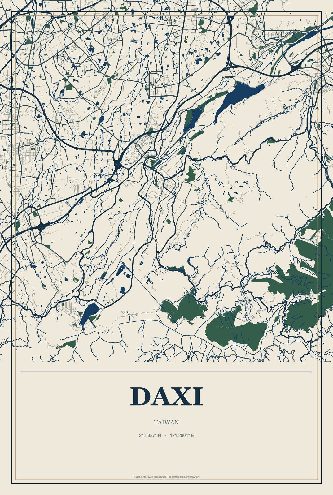 Daxi, Taiwan City Map Aluminum Sign in Coastal Cutout style