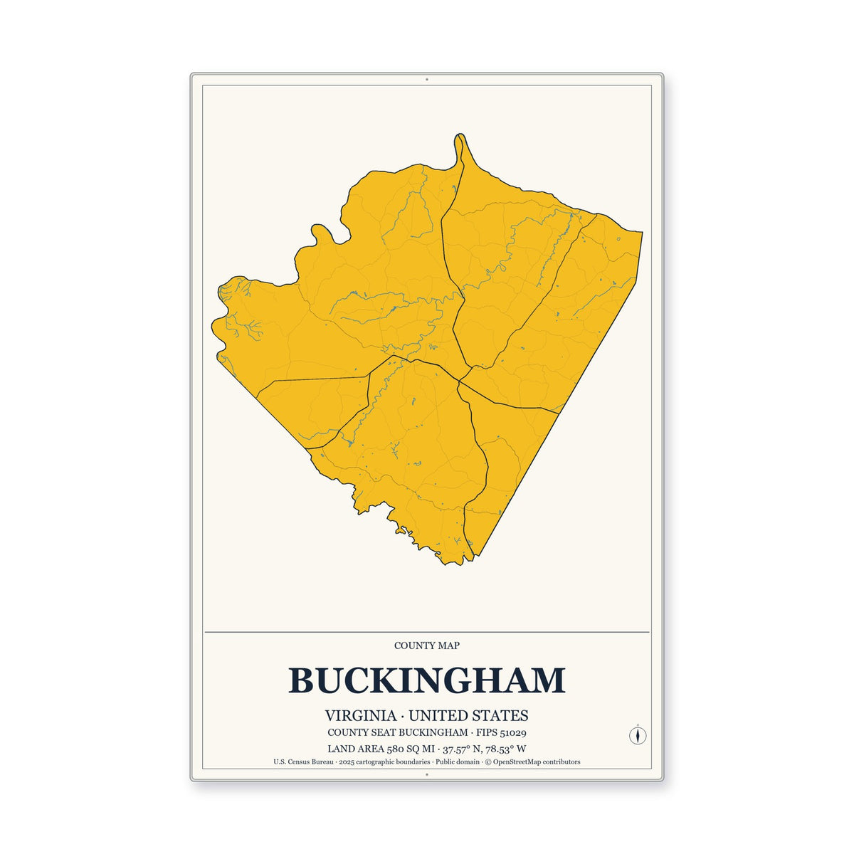 Buckingham County, Virginia Map Aluminum Sign in Citrine Modern style