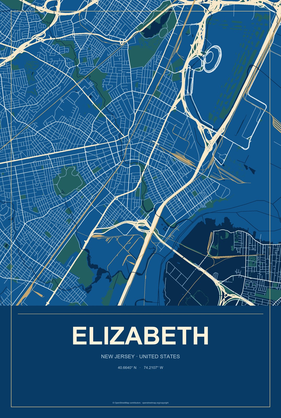 Elizabeth, New Jersey City Map Aluminum Sign in Harbor Cobalt style