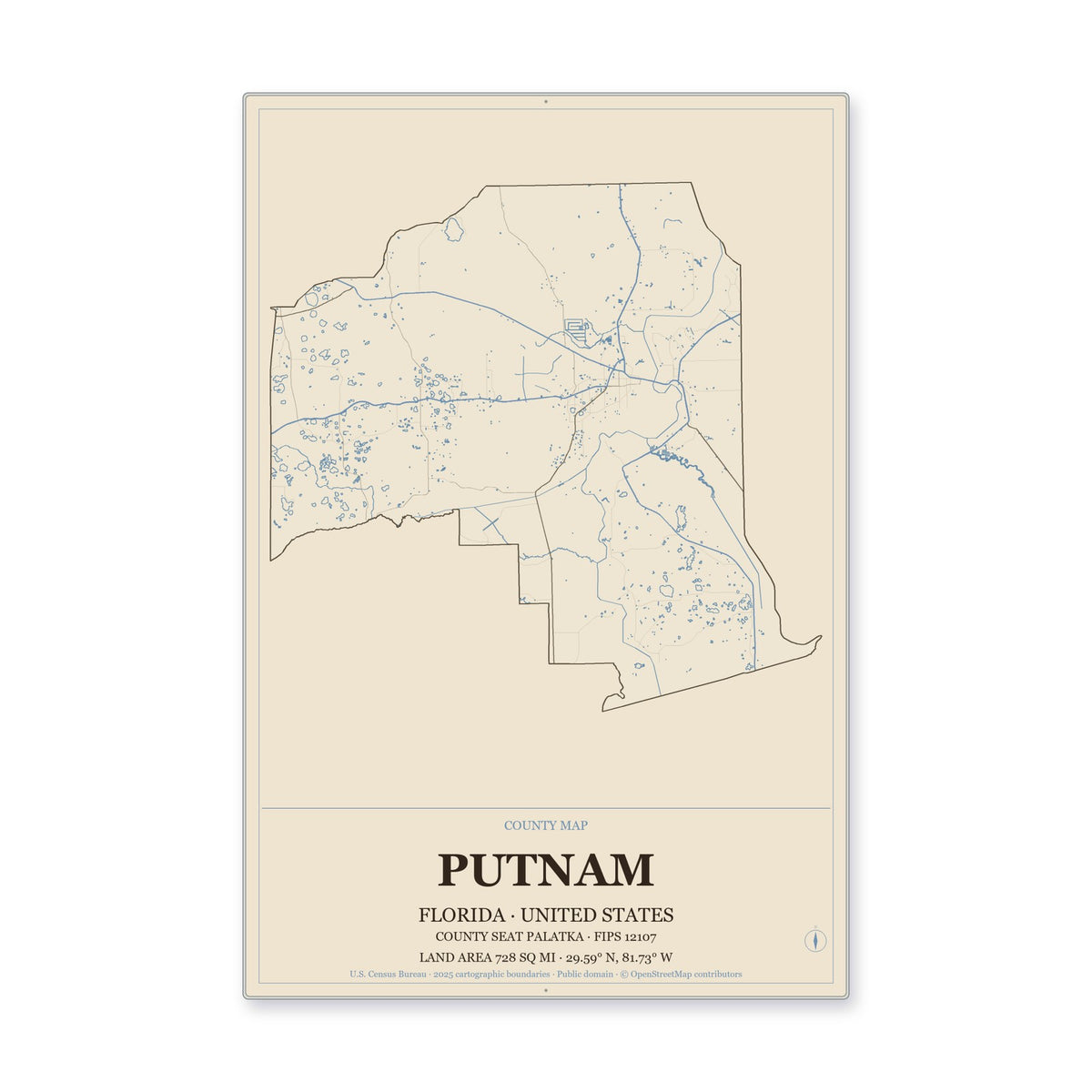 Putnam County, Florida Map Aluminum Sign in Heritage Nautical style