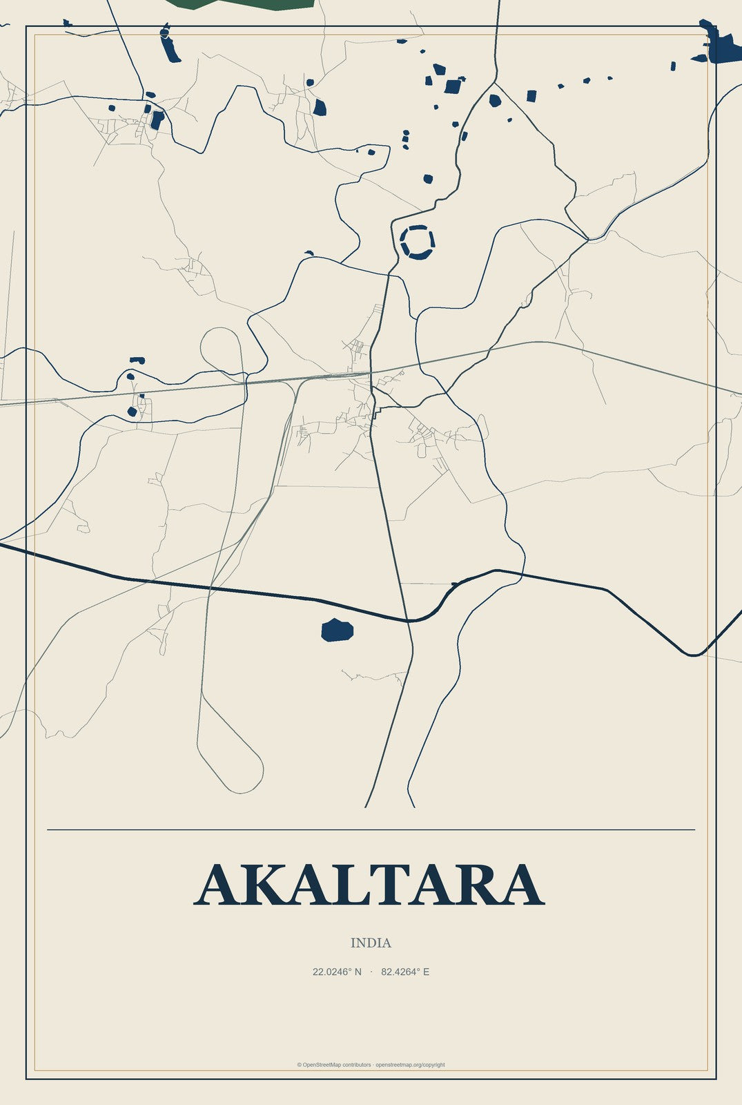 Akaltara, India City Map Aluminum Sign in Coastal Cutout style