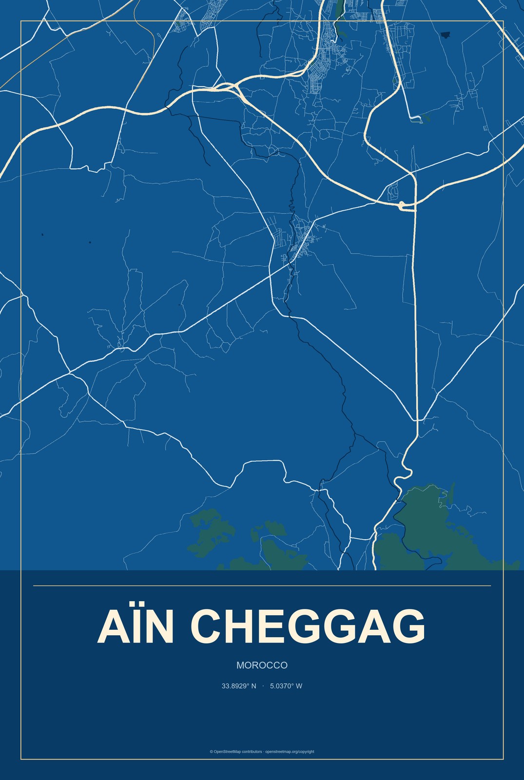 Aïn Cheggag, Morocco City Map Aluminum Sign in Harbor Cobalt style