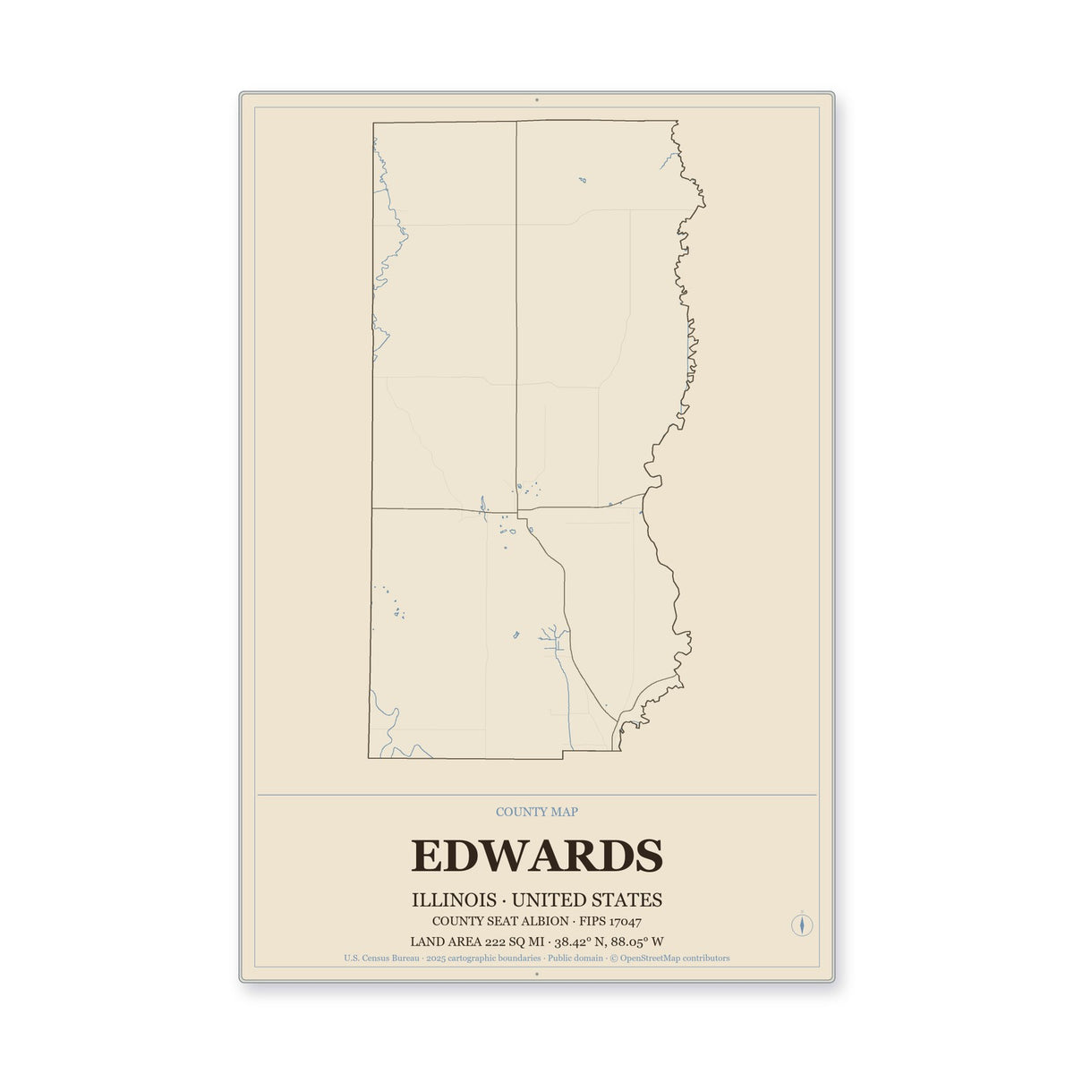 Edwards County, Illinois Map Aluminum Sign in Heritage Nautical style