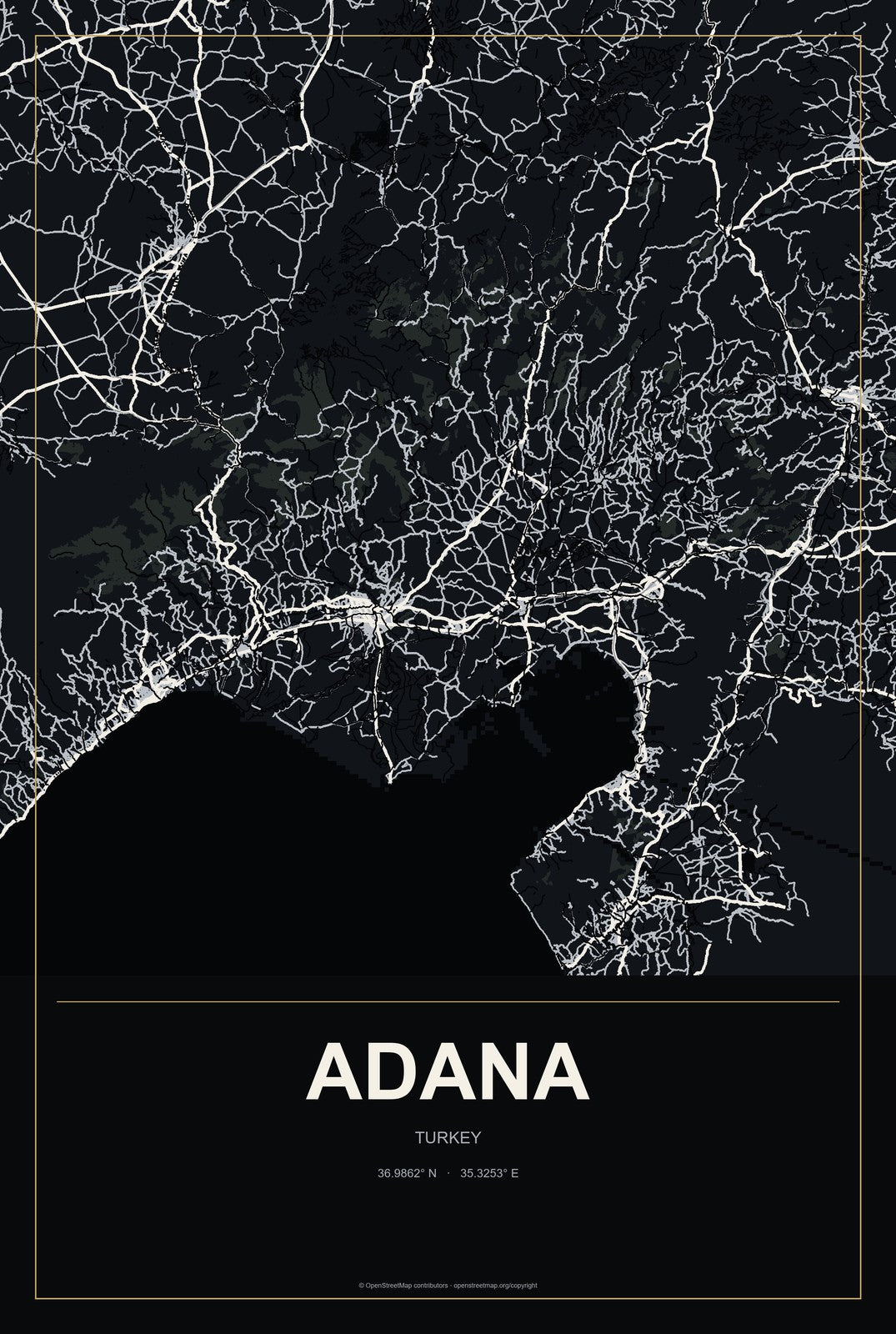 Adana, Turkey City Map Aluminum Sign in Metropolitan Noir style