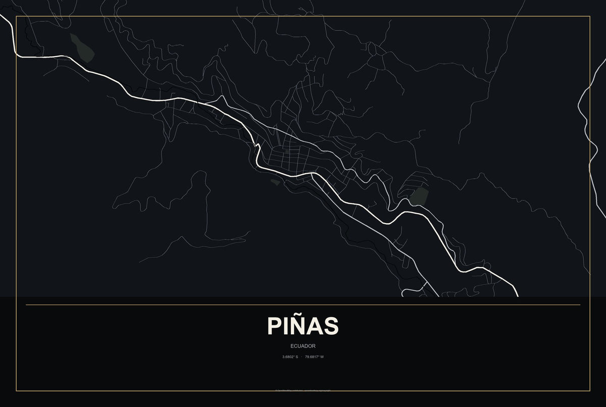 Piñas, Ecuador City Map Aluminum Sign in Metropolitan Noir style