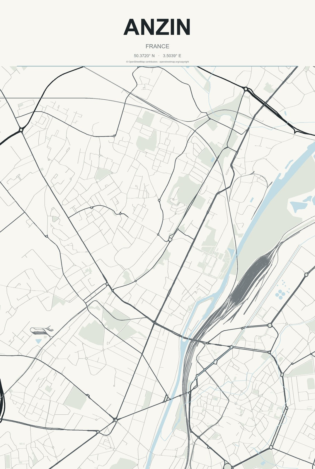 Anzin, France City Map Aluminum Sign in Headline Atlas style