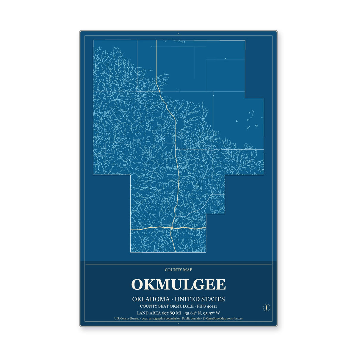 Okmulgee County, Oklahoma Map Aluminum Sign in Harbor Cobalt style