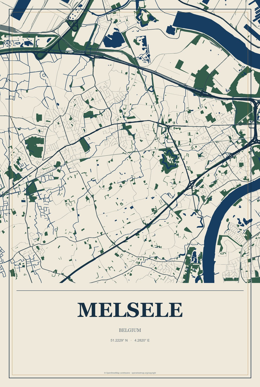 Melsele, Belgium City Map Aluminum Sign in Coastal Cutout style