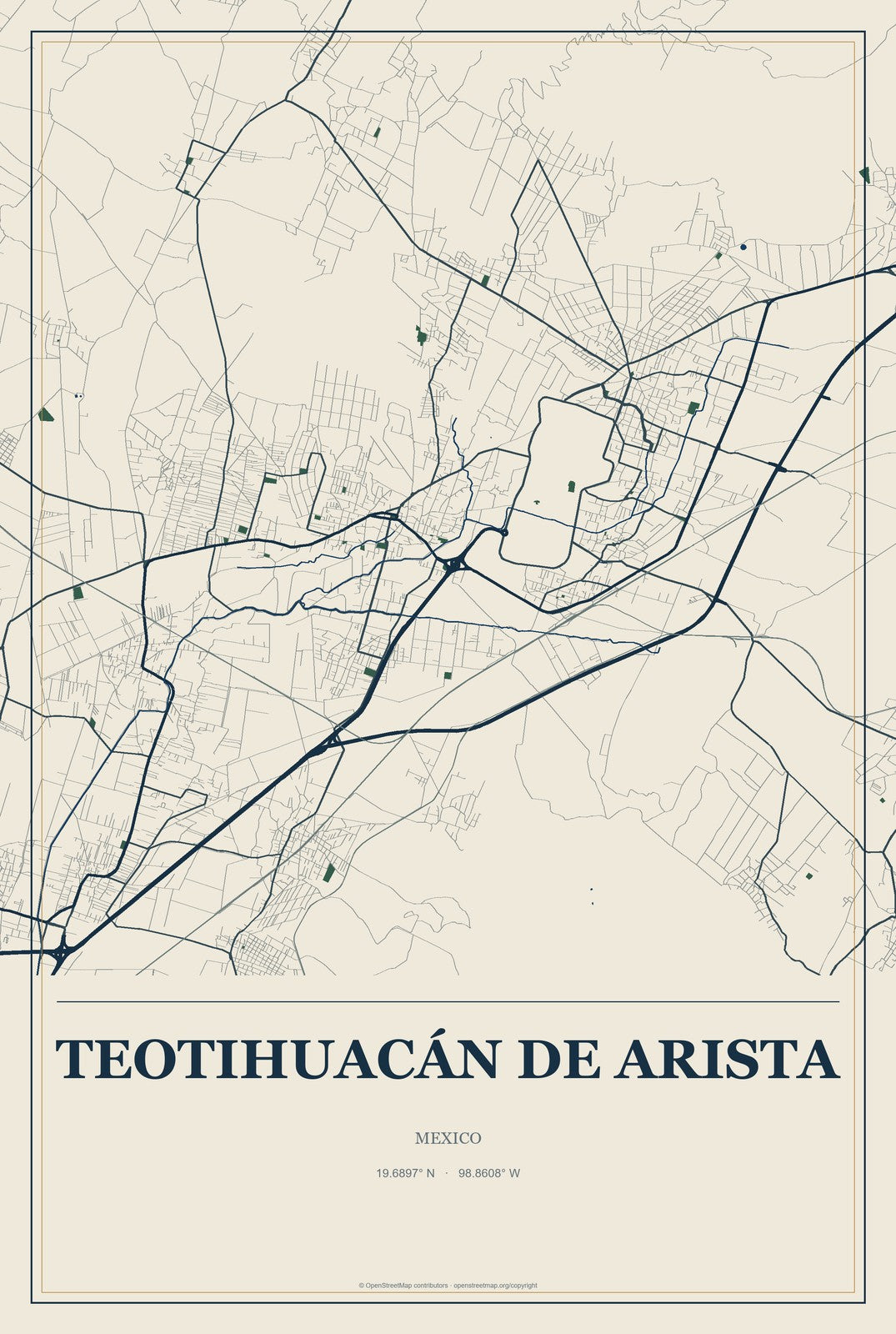 Teotihuacán de Arista, Mexico City Map Aluminum Sign in Coastal Cutout style