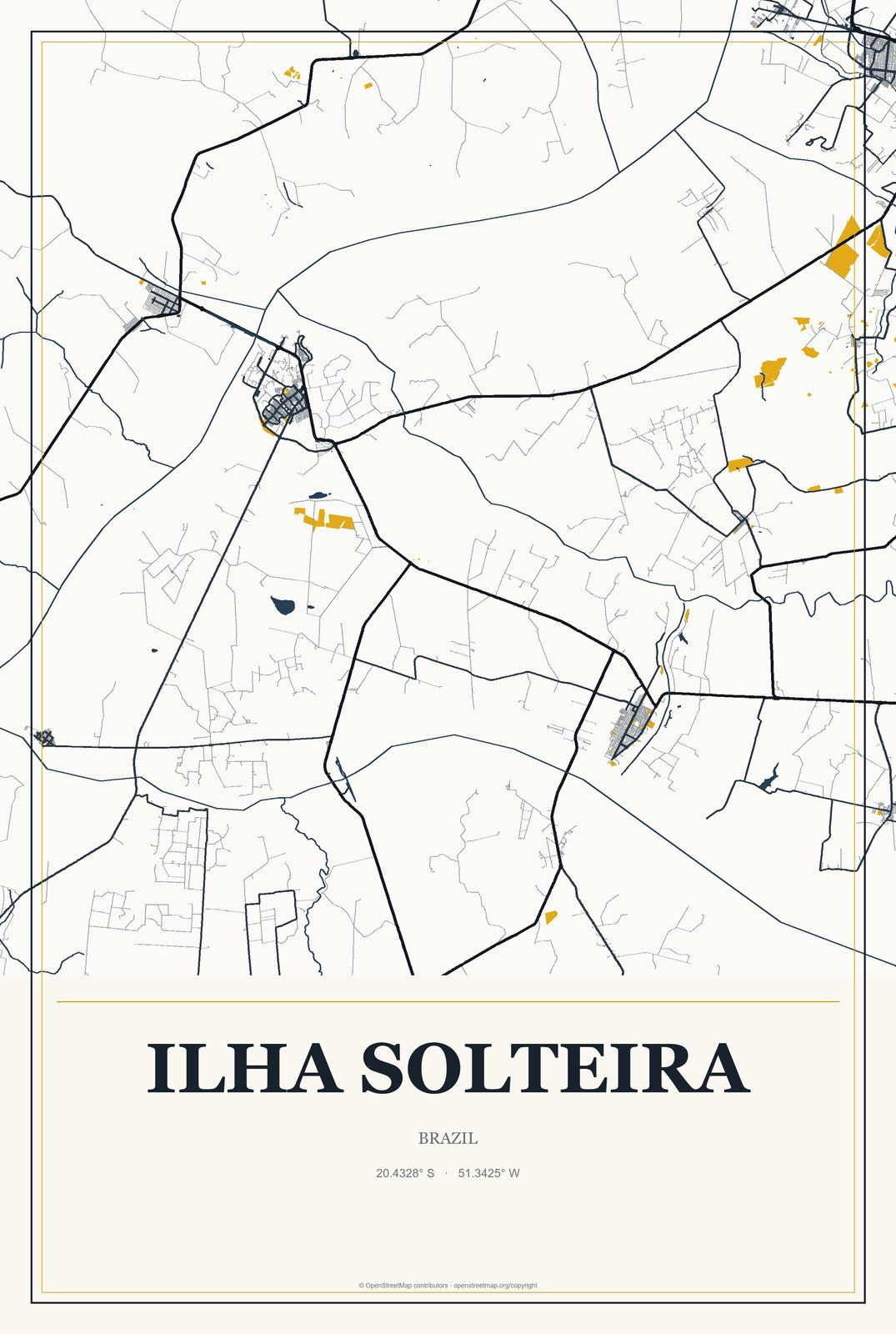 Ilha Solteira, Brazil City Map Aluminum Sign in Citrine Modern style