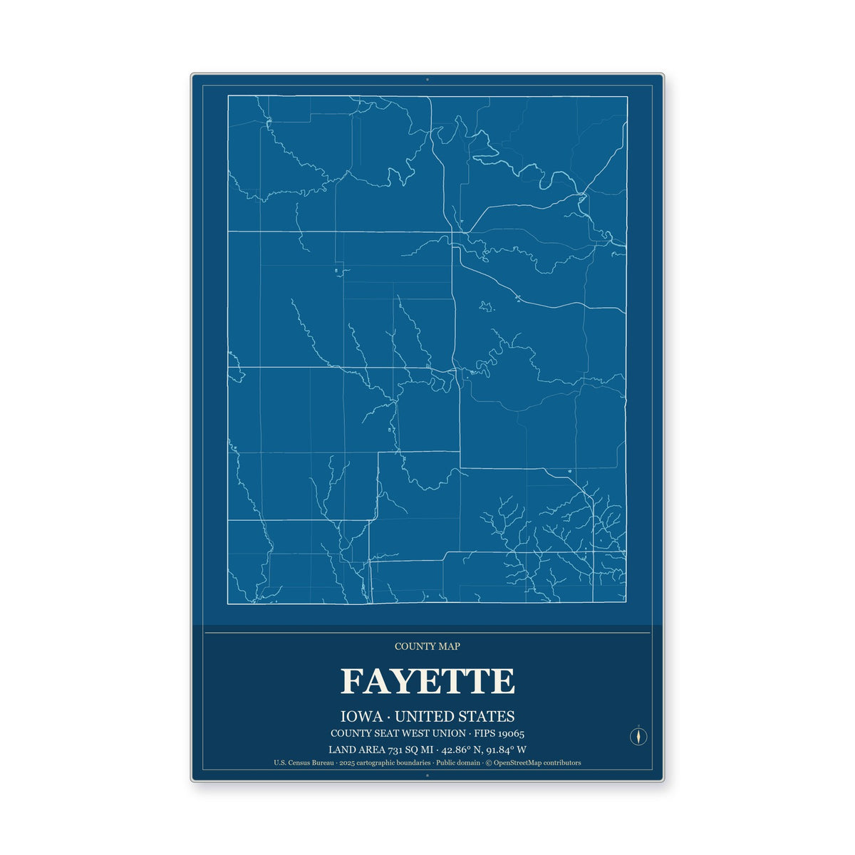 Fayette County, Iowa Map Aluminum Sign in Harbor Cobalt style
