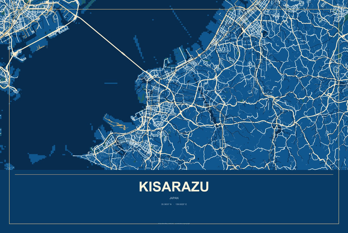 Kisarazu, Japan City Map Aluminum Sign in Harbor Cobalt style