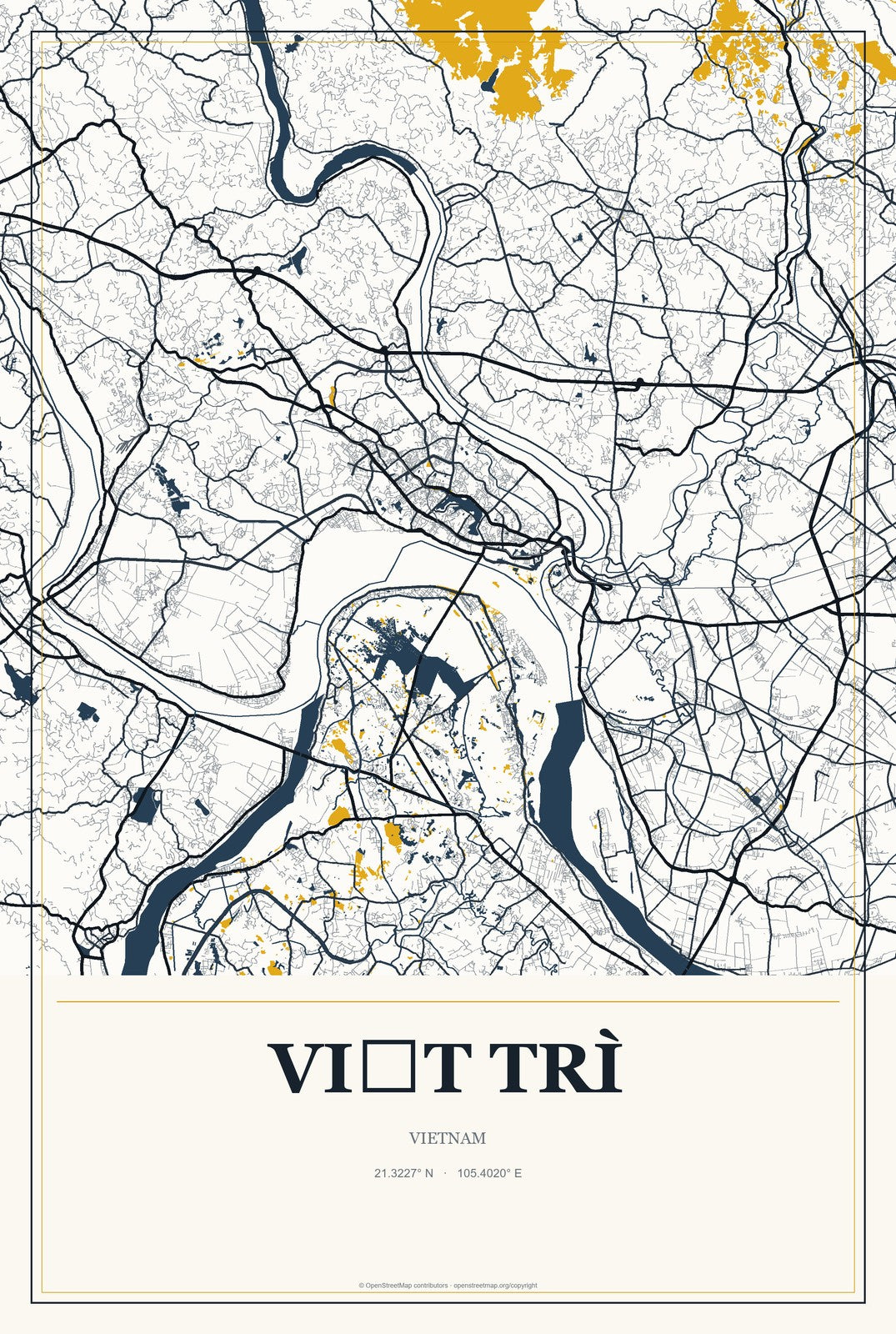 Việt Trì, Vietnam City Map Aluminum Sign in Citrine Modern style