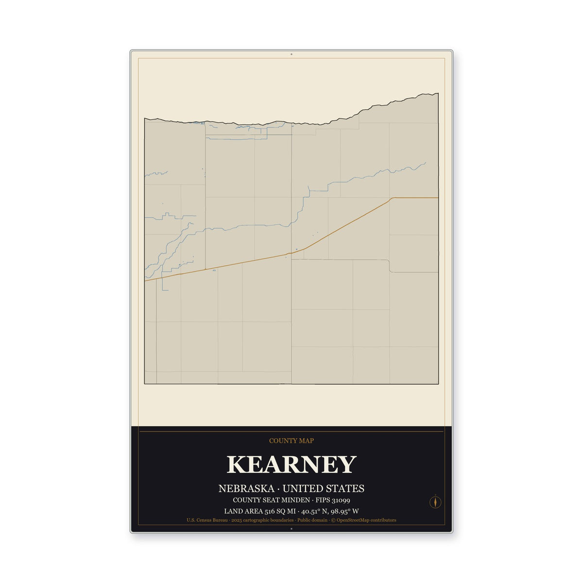 Kearney County, Nebraska Map Aluminum Sign in Museum Plaque style