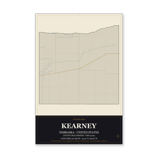 Kearney County, Nebraska Map Aluminum Sign in Museum Plaque style