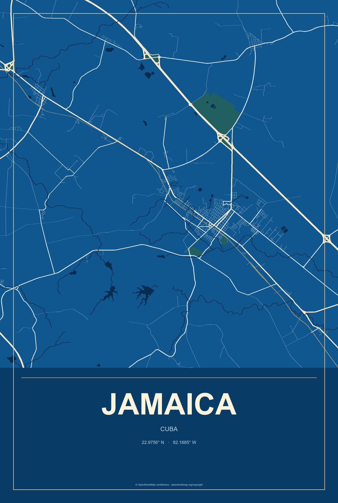 Jamaica, Cuba City Map Aluminum Sign in Harbor Cobalt style