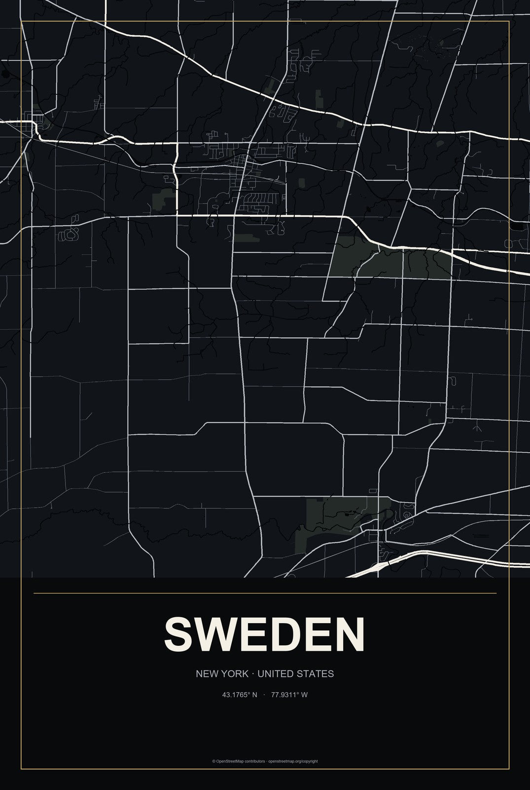 Sweden, New York City Map Aluminum Sign in Metropolitan Noir style