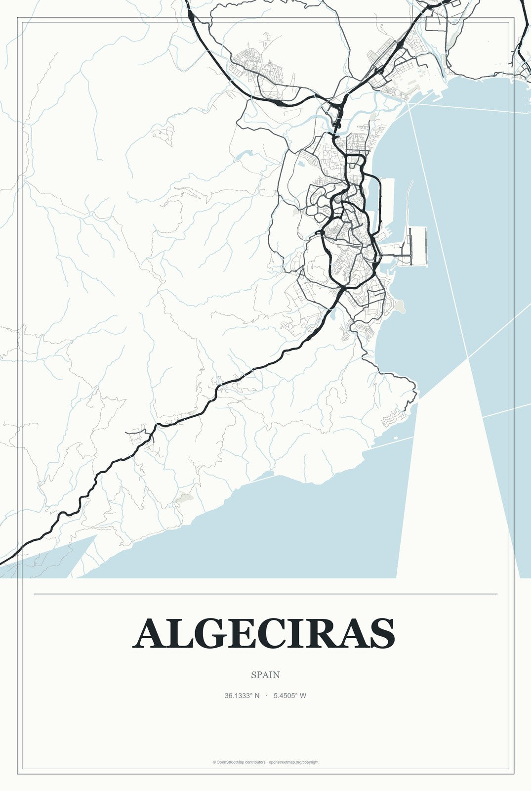 Algeciras, Spain City Map Aluminum Sign in Gallery Air style