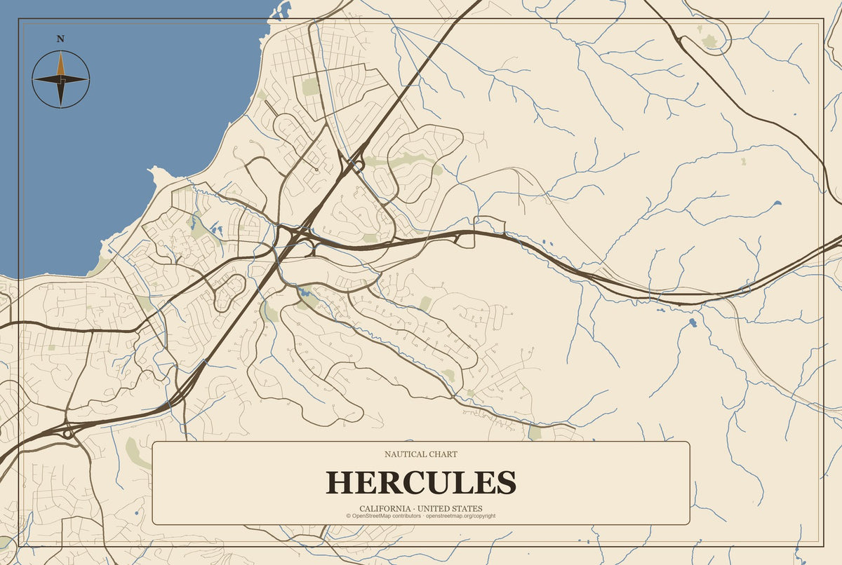 Hercules, California City Map Aluminum Sign in Heritage Nautical style
