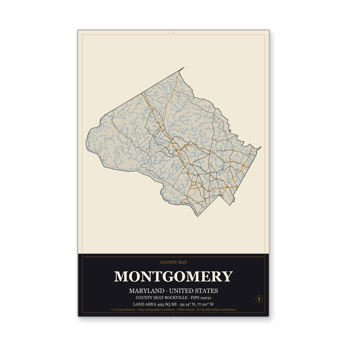 Montgomery County, Maryland Map Aluminum Sign in Museum Plaque style