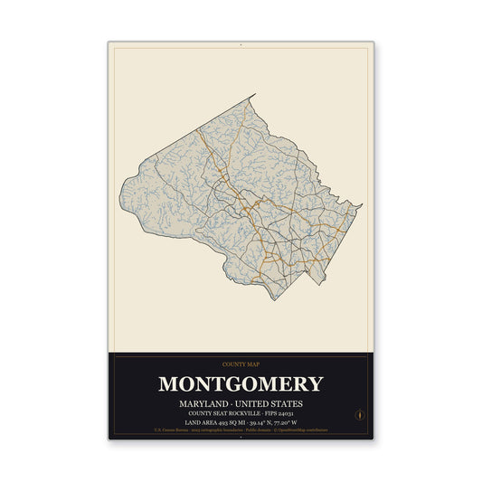Montgomery County, Maryland Map Aluminum Sign in Museum Plaque style