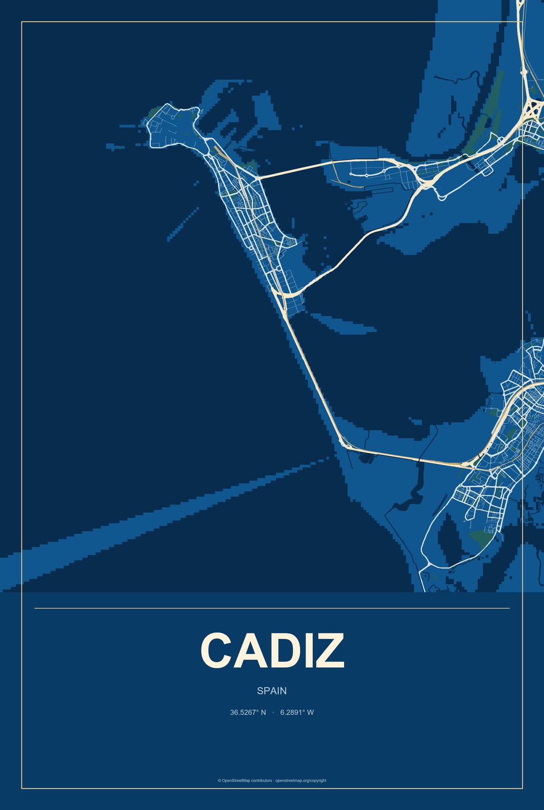 Cadiz, Spain City Map Aluminum Sign in Harbor Cobalt style