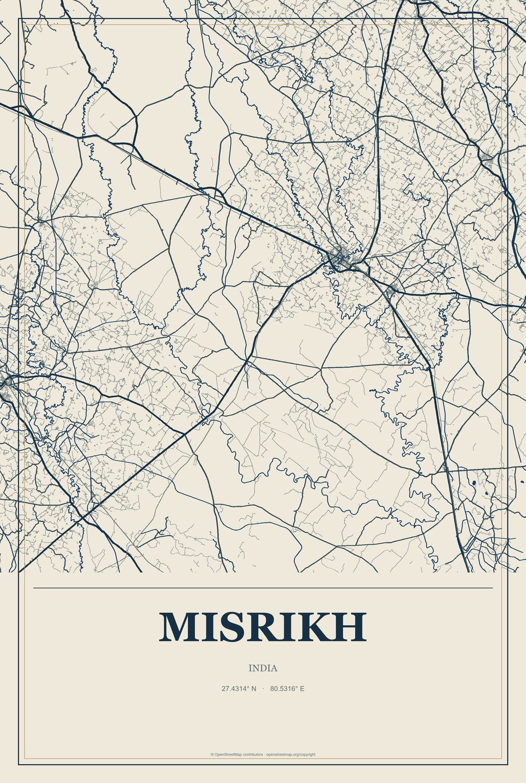Misrikh, India City Map Aluminum Sign in Coastal Cutout style