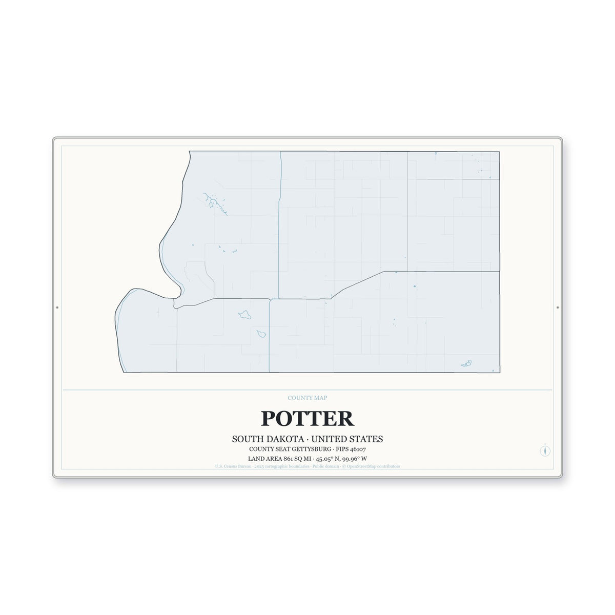 Potter County, South Dakota Map Aluminum Sign in Gallery Air style
