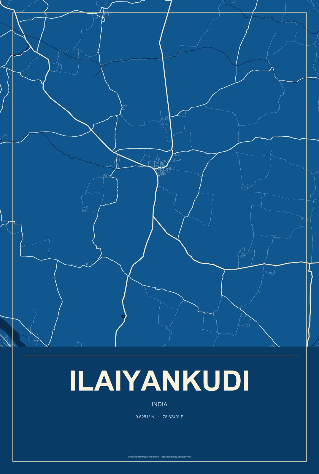 Ilaiyankudi, India City Map Aluminum Sign in Harbor Cobalt style