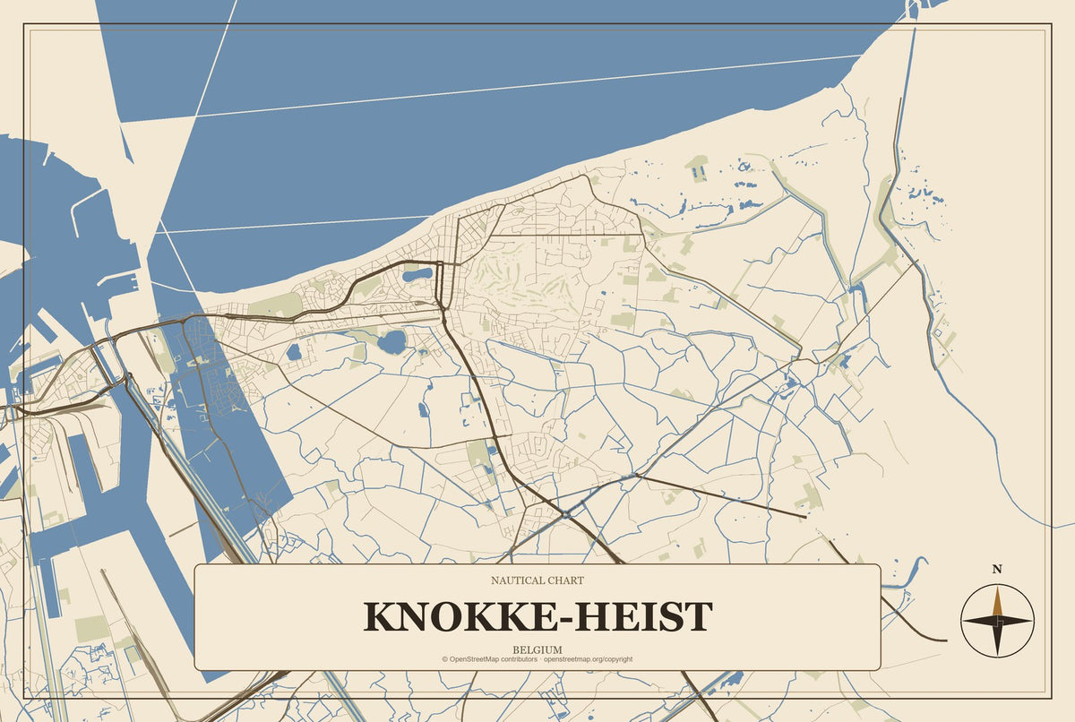 Knokke-Heist, Belgium City Map Aluminum Sign in Heritage Nautical style