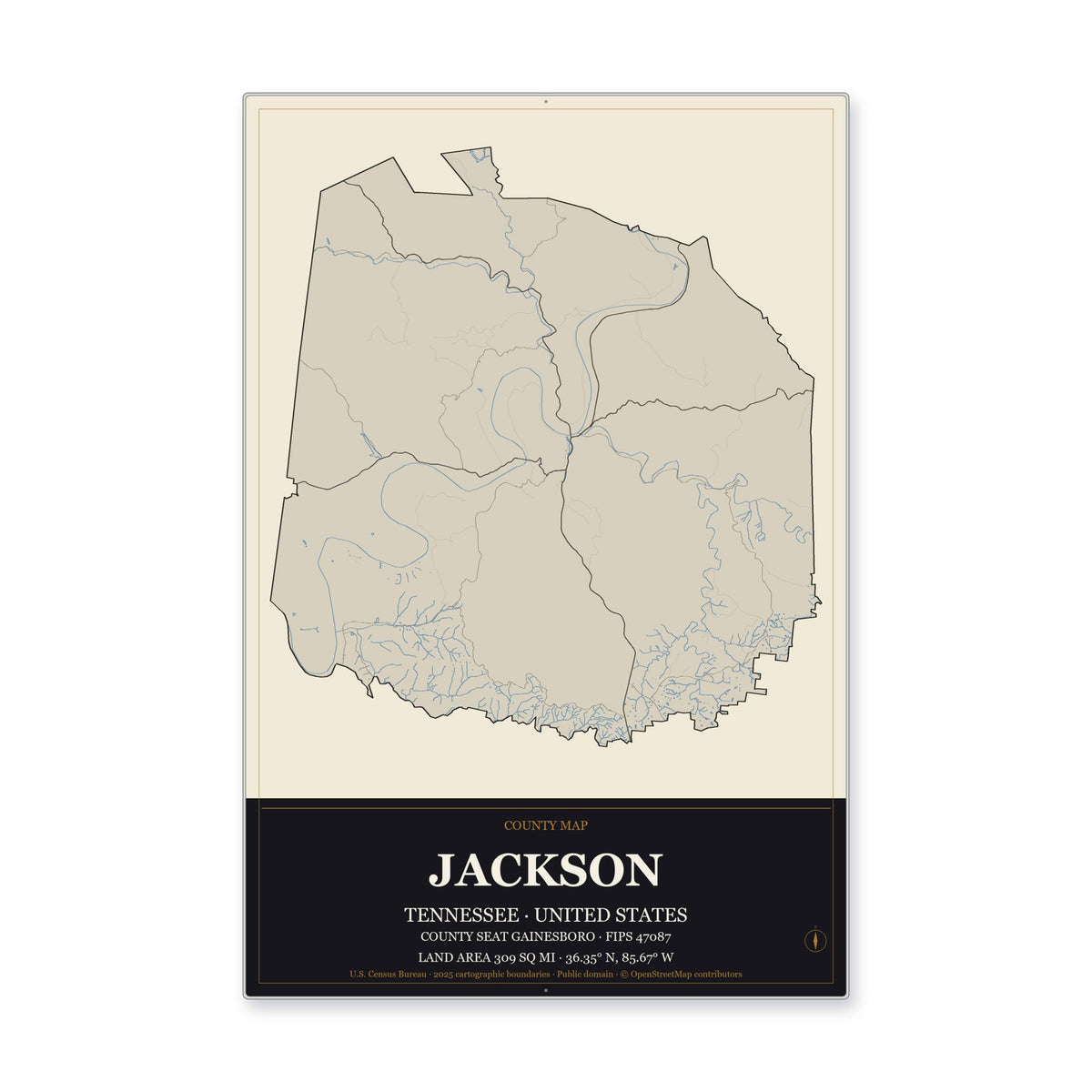 Jackson County, Tennessee Map Aluminum Sign in Museum Plaque style