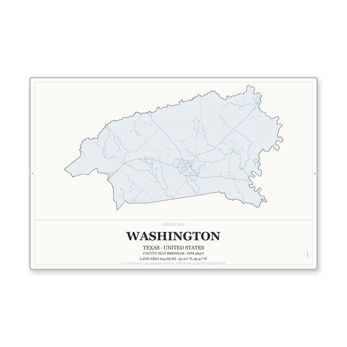 Washington County, Texas Map Aluminum Sign in Gallery Air style