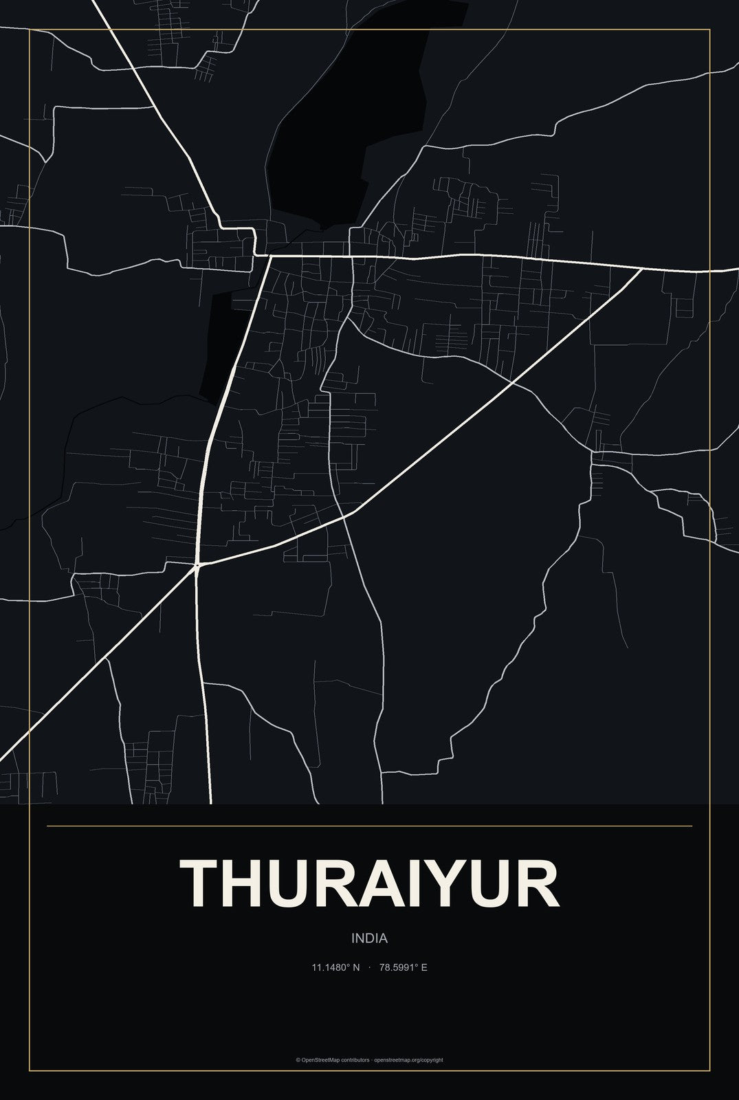 Thuraiyur, India City Map Aluminum Sign in Metropolitan Noir style