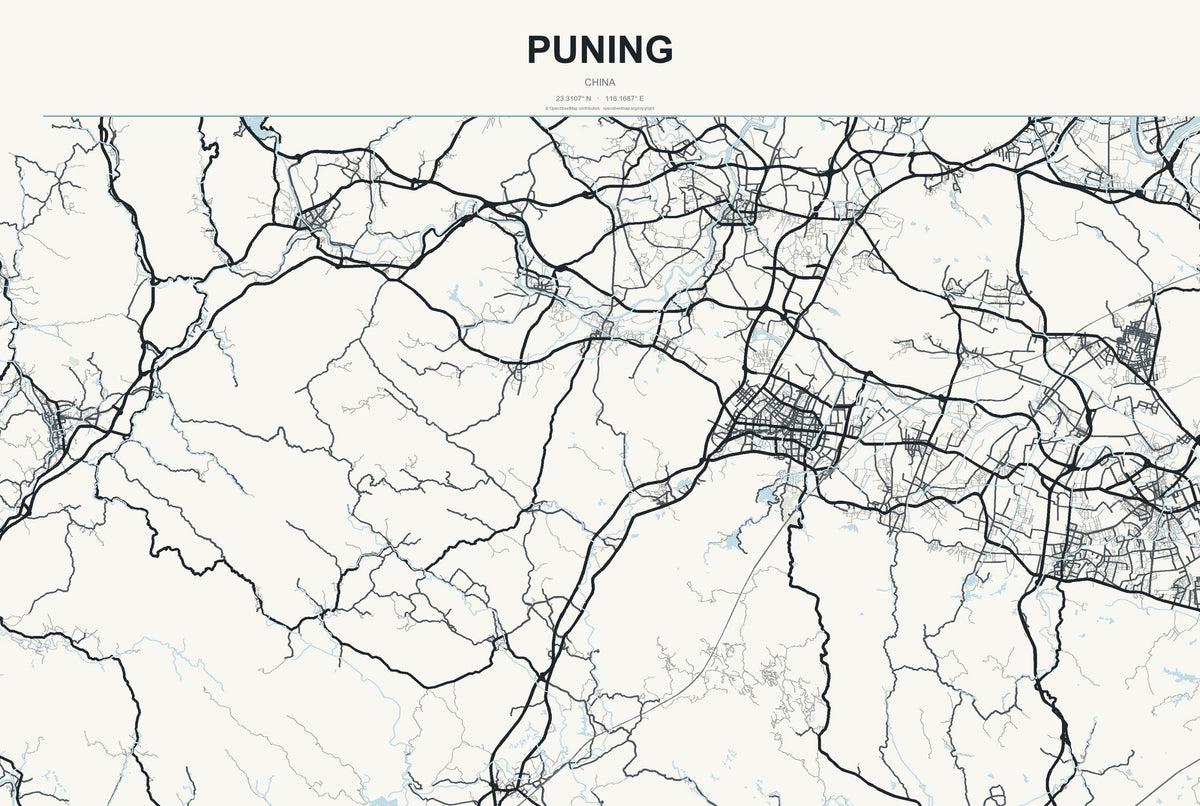 Puning, China City Map Aluminum Sign in Headline Atlas style