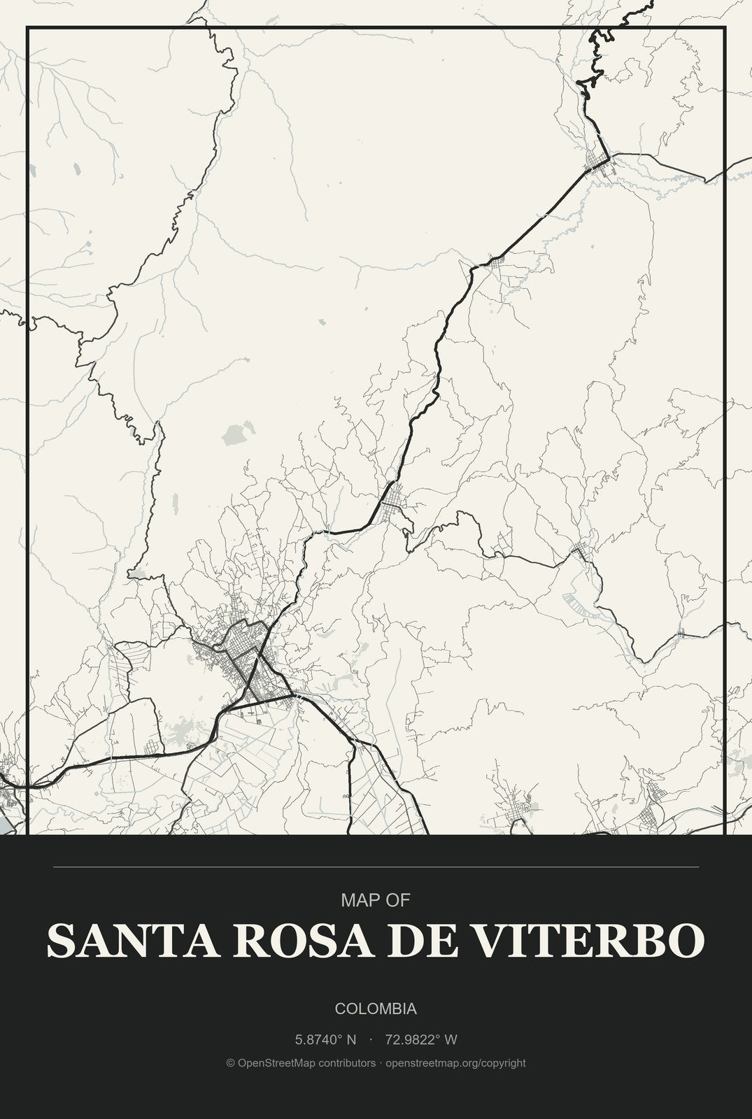 Santa Rosa de Viterbo, Colombia City Map Aluminum Sign in Museum Plaque style