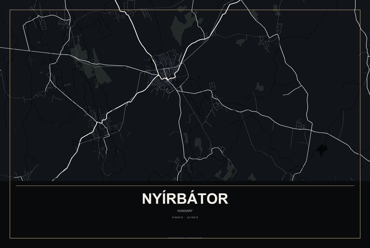 Nyírbátor, Hungary City Map Aluminum Sign in Metropolitan Noir style