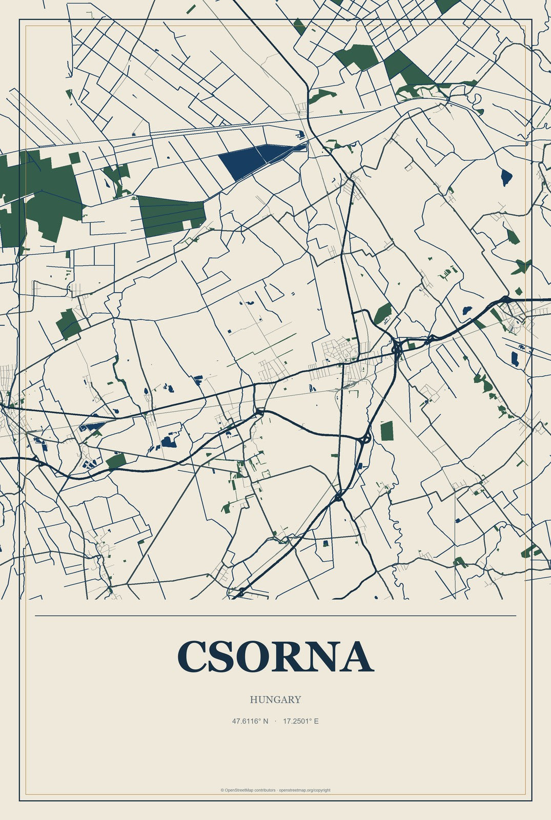 Csorna, Hungary City Map Aluminum Sign in Coastal Cutout style