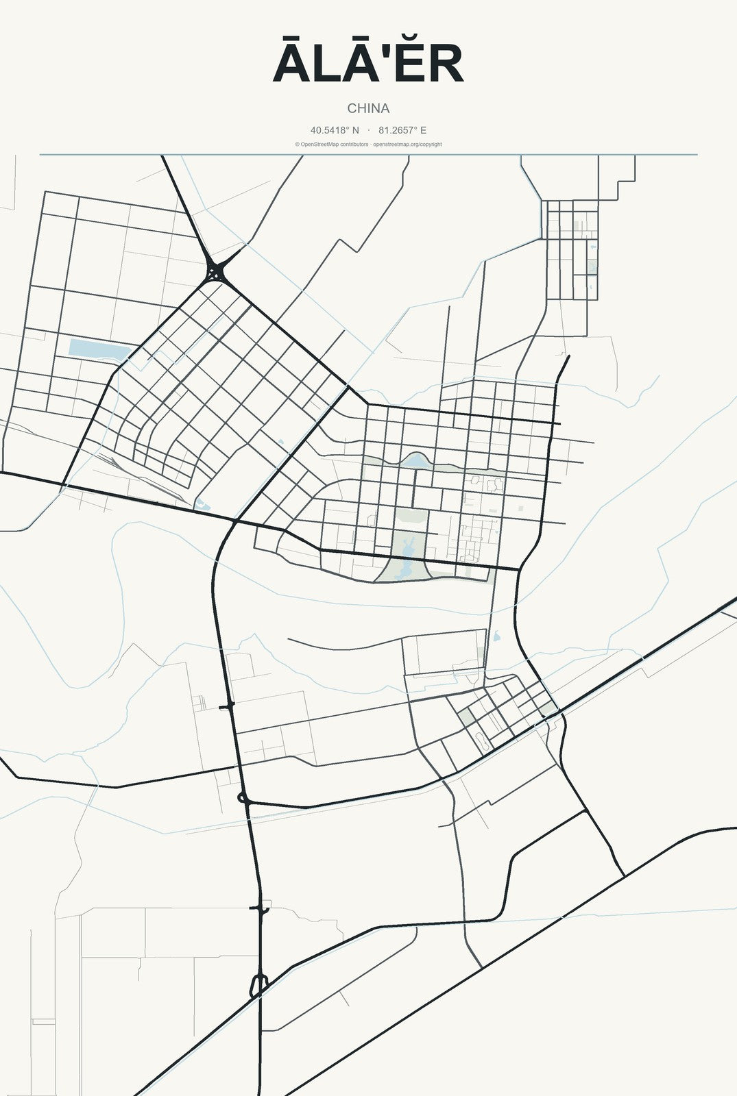 Ālā'ĕr, China City Map Aluminum Sign in Headline Atlas style
