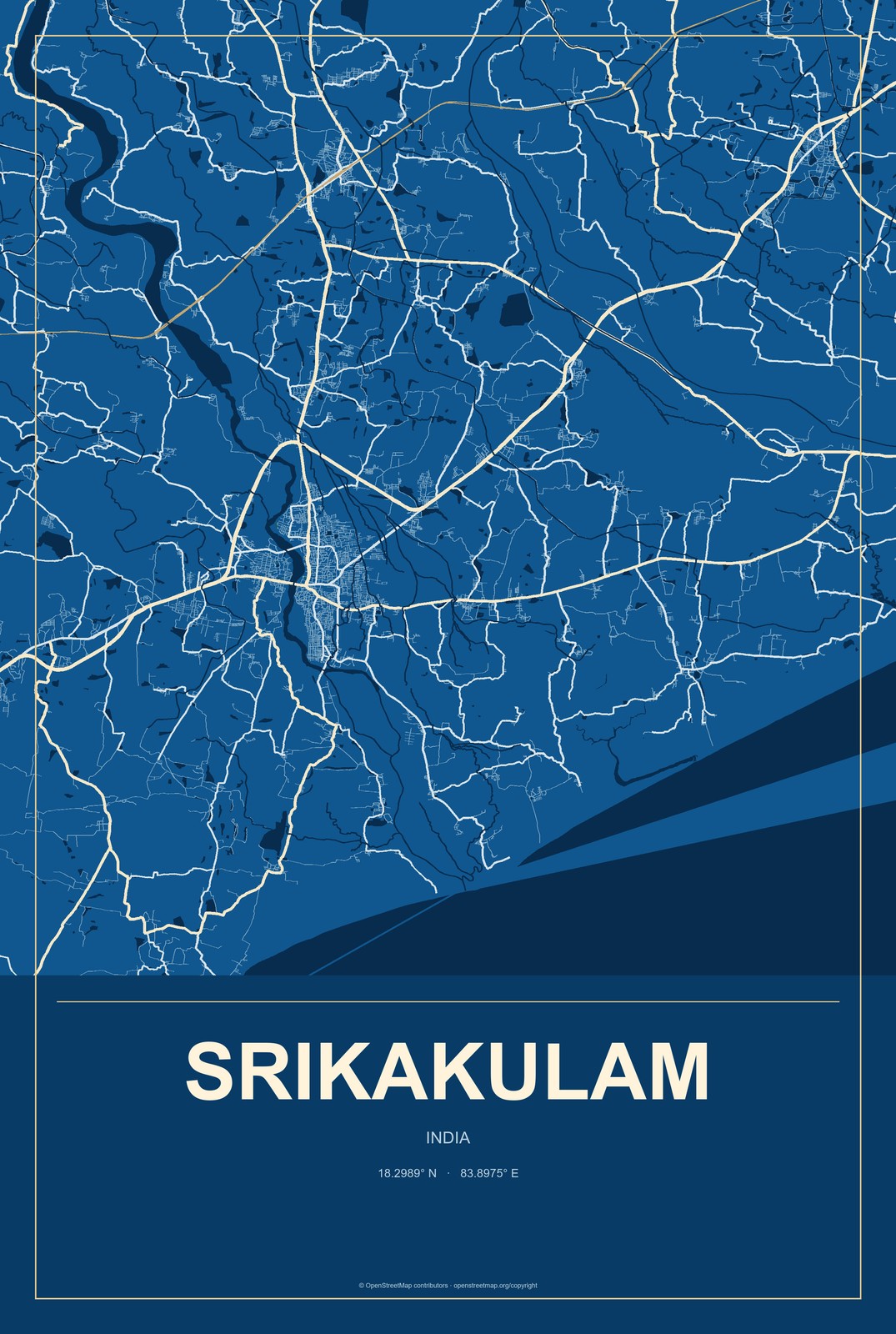 Srikakulam, India City Map Aluminum Sign in Harbor Cobalt style