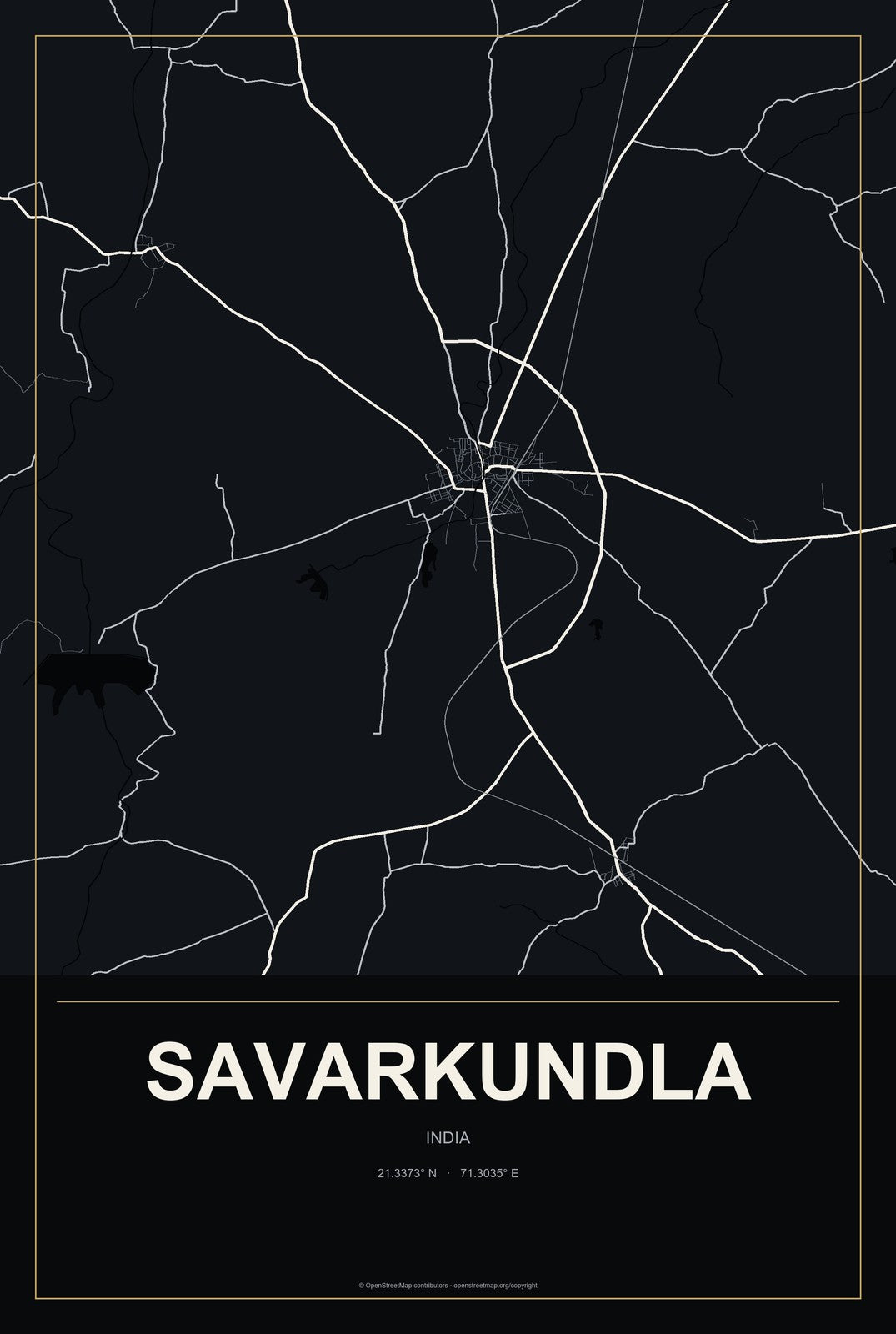 Savarkundla, India City Map Aluminum Sign in Metropolitan Noir style