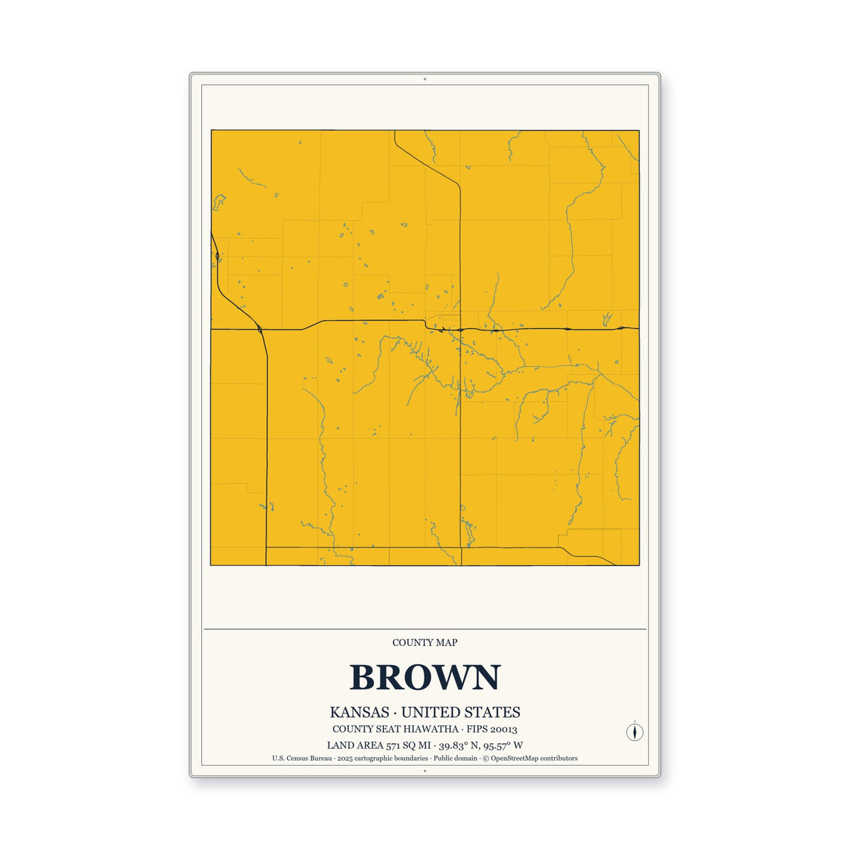 Brown County, Kansas Map Aluminum Sign in Citrine Modern style