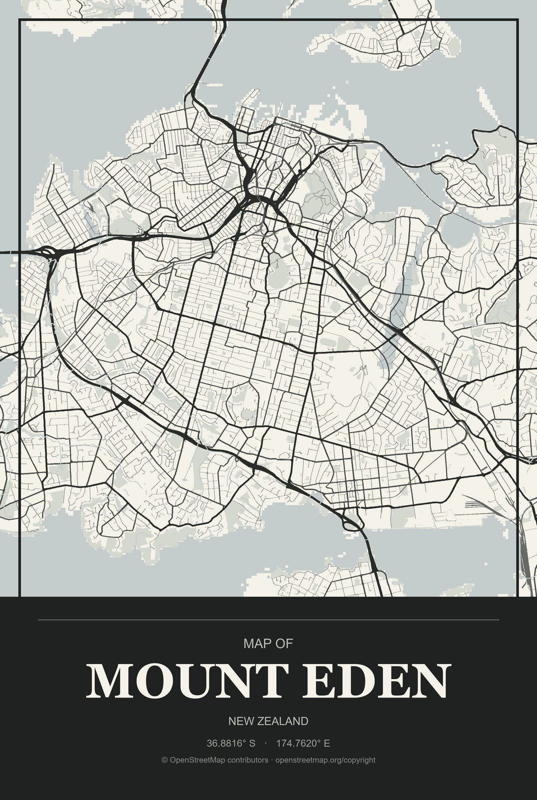 Mount Eden, New Zealand City Map Aluminum Sign in Museum Plaque style