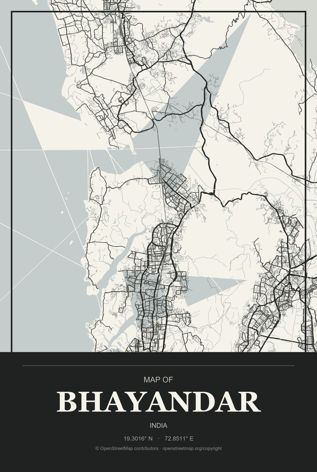 Bhayandar, India City Map Aluminum Sign in Museum Plaque style