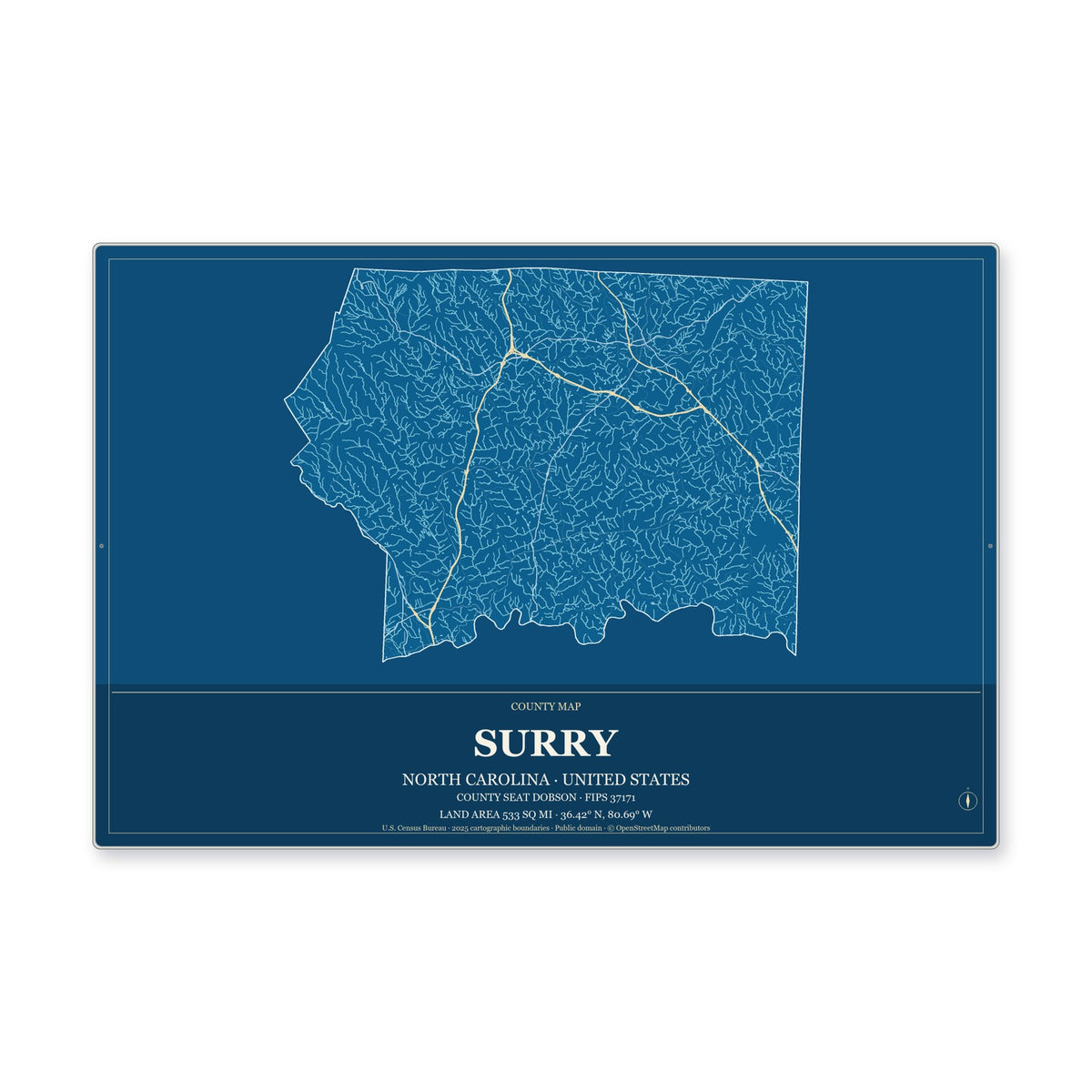 Surry County, North Carolina Map Aluminum Sign in Harbor Cobalt style