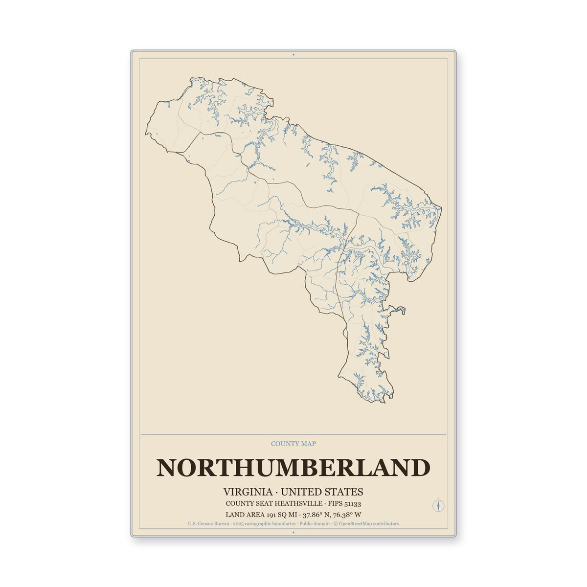 Northumberland County, Virginia Map Aluminum Sign in Heritage Nautical style