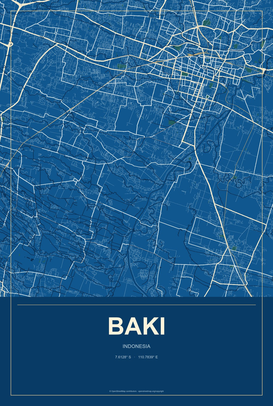 Baki, Indonesia City Map Aluminum Sign in Harbor Cobalt style