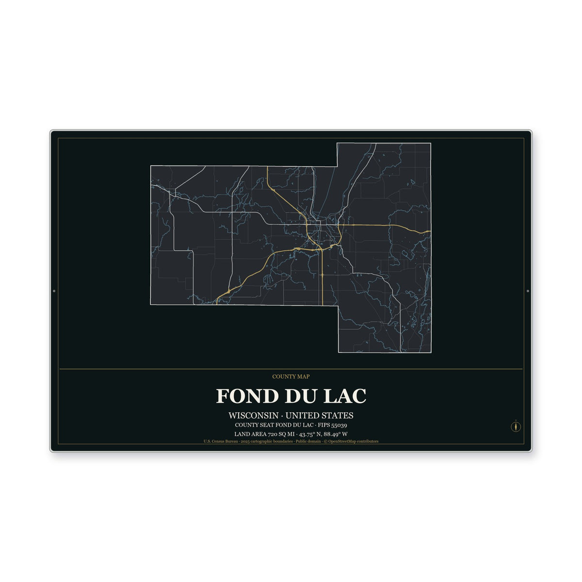 Fond du Lac County, Wisconsin Map Aluminum Sign in Metropolitan Noir style