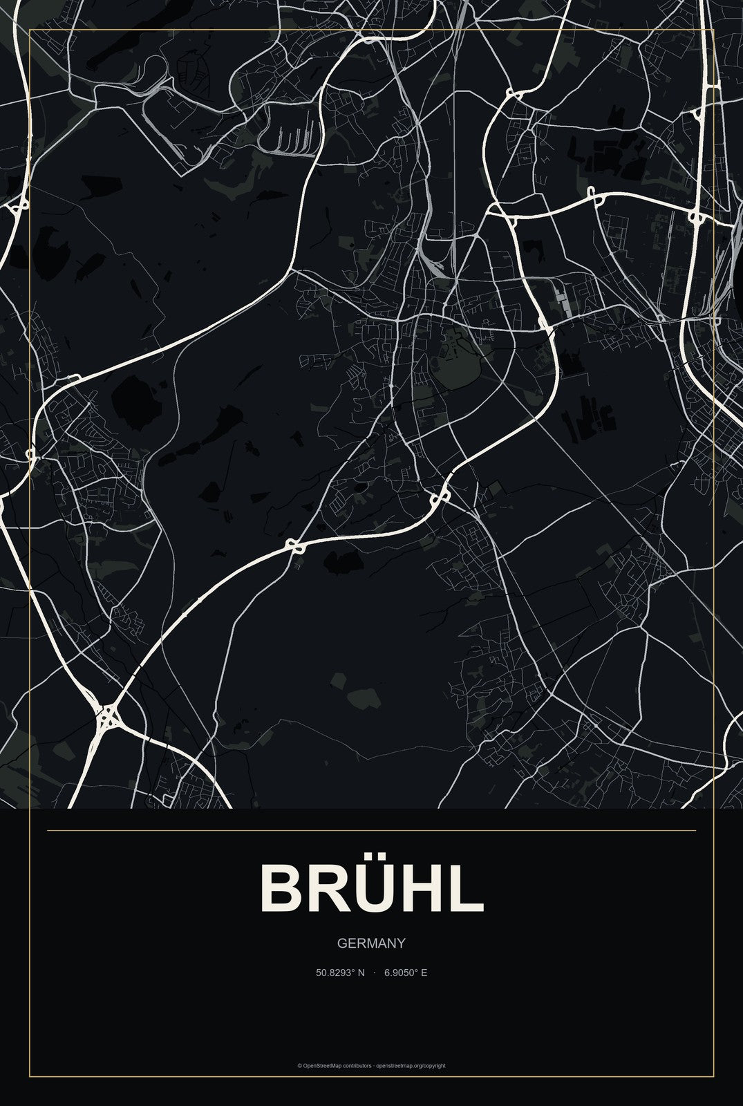 Brühl, North Rhine-Westphalia, Germany City Map Aluminum Sign in Metropolitan Noir style